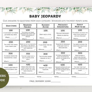 Baby Jeopardy games, baby shower games printable, greenery baby shower, quiz game, digital download