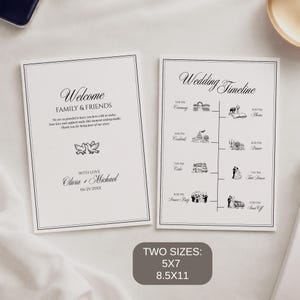 Könnte beinhalten: Zwei Hochzeitskarten. Eine Karte sagt "Willkommen Familie & Freunde" mit einer Taubengrafik. Die andere Karte ist ein Hochzeitszeitplan. Die Karten sind weiß mit schwarzem Text und einem schwarzen Rand. Der Text "Zwei Größen: 5x7 8.5x11" ist ebenfalls vorhanden.