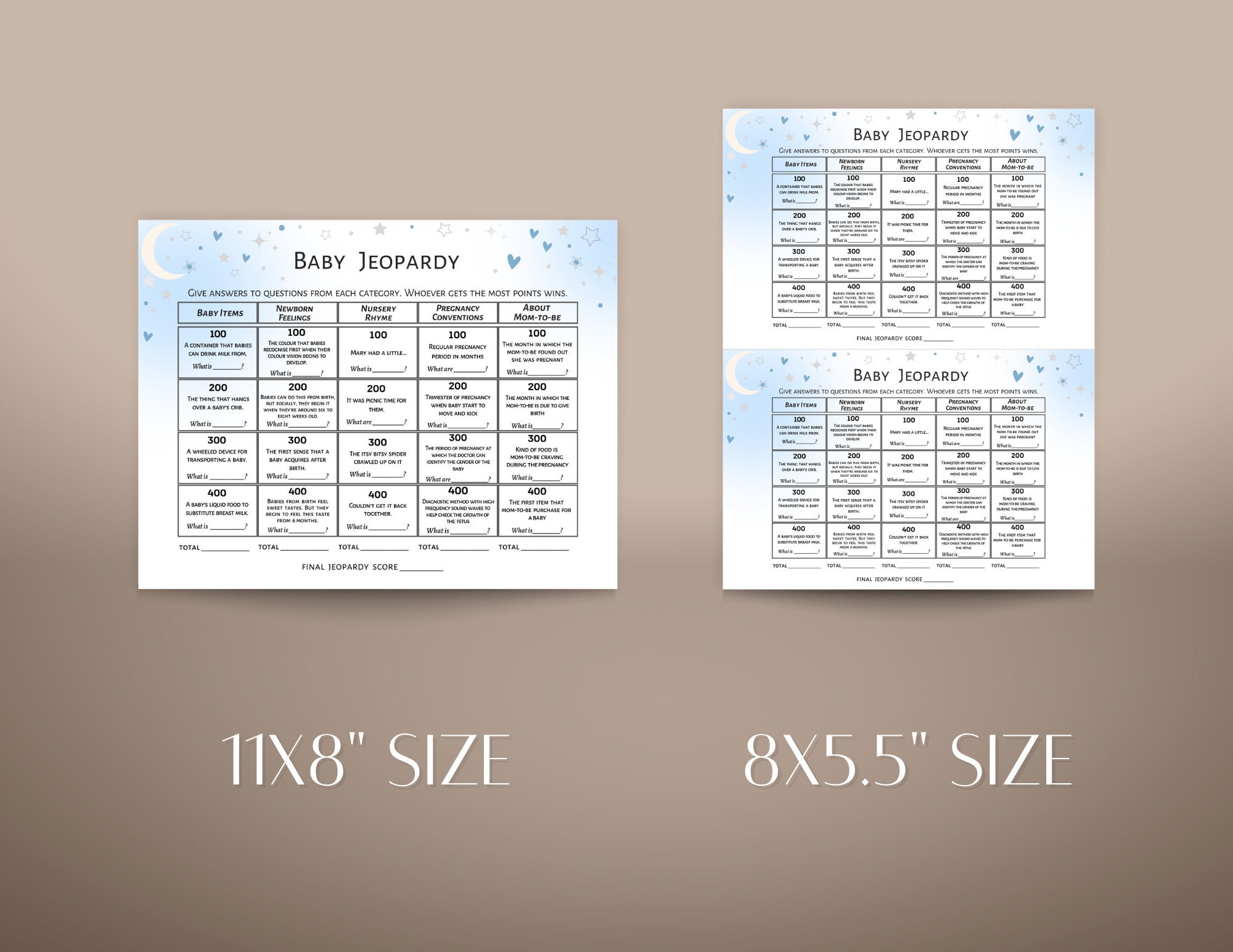 Baby Jeopardy Baby Shower Game Boy, Baby Shower Blue, Moon and Stars ...