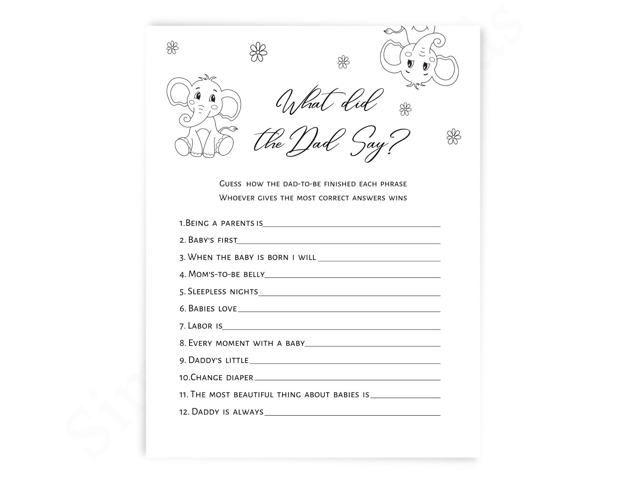 What Did the Dad Say, Baby Shower Game Elephant Co Ed Baby Shower
