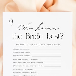 Bridal shower game - Who knows the bride best, bridal shower game minimalist elegant design. Digital download
