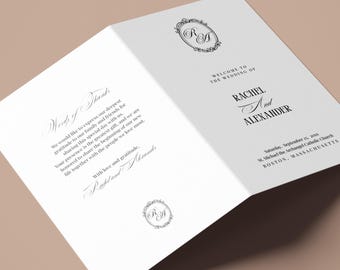 Monogram Wedding Program Template Folded. Vintage Elegant Ceremony Itinerary. Editable in Canva