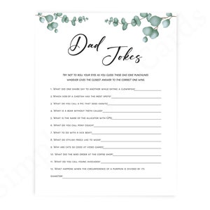 Dad jokes baby shower game greenery, eucalyptus baby shower game, co ed baby shower, boy, girl, gender neutral, digital download