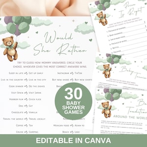 Baby shower games bundle green teddy bear 30 games printable, digital download