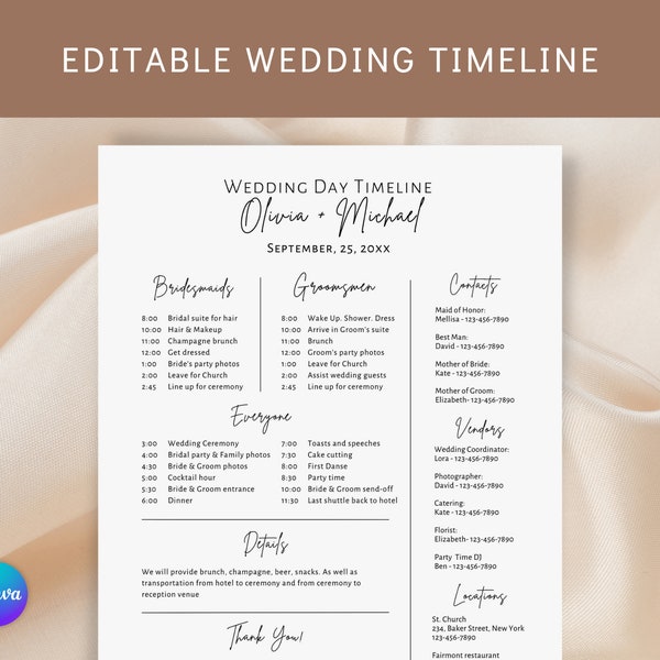 Wedding day timeline template Canva, wedding day schedule, bridal party timeline, digital download