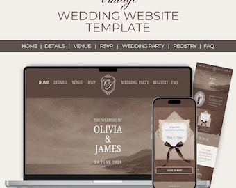 Wedding Website Invitation with RSVP form - Canva Template - Brown, Old Money, Vintage Style