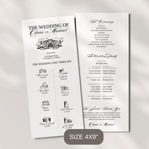 Może przedstawiać: Program ślubny w czerni i bieli. Zawiera szczegóły ślubu, harmonogram i nazwiska gości. Rozmiar: 10,16 cm x 22,86 cm.