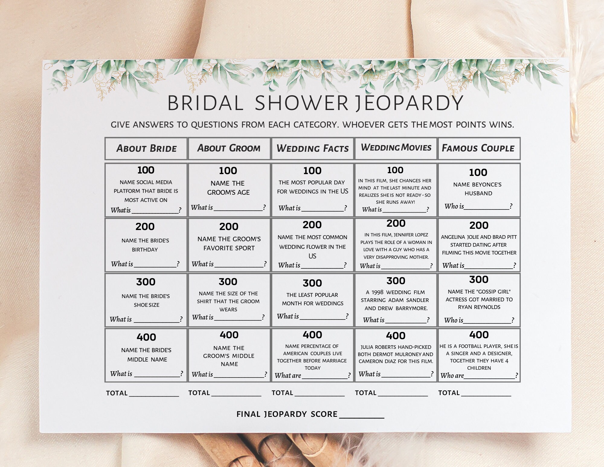 Bridal Shower Jeopardy Game: Greenery Design (Digital Download)