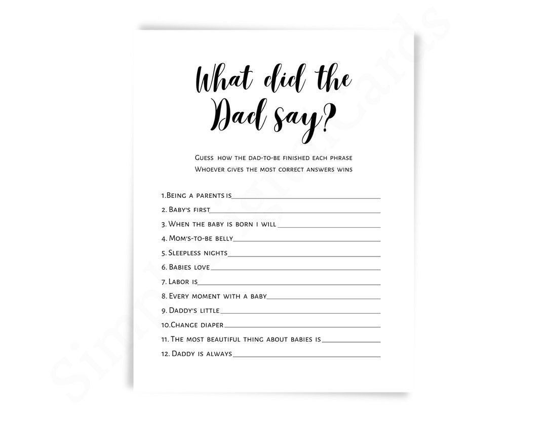 What Did the Dad Say, Baby Shower Game, Co Ed Baby Shower, Black White
