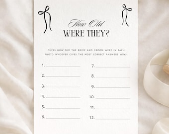 How old were they - Bridal Shower Game. Minimalist, Vintage Bow. Editable in Canva.