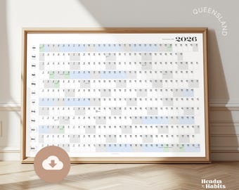 QUEENSLAND, Australia Calendar 2026 | Wall Planner ~ Includes School Holidays.