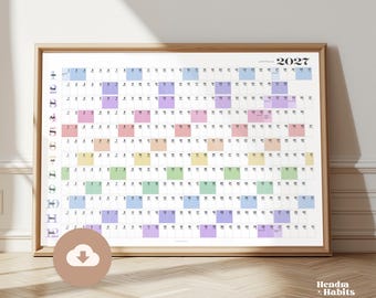 Väggkalender 2027 i färg | Horisontell regnbåge | Digital nedladdning och utskrift