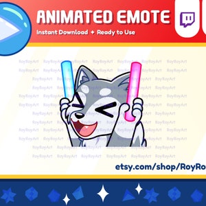 May include: Animated emote of a grey wolf with a happy expression holding a blue and pink light saber in each paw. The emote is set against a white background with the text "RoyRoyArt" repeated in the background.