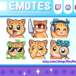 Twitch Emote - Orange Cat Pack 3 / pog, knife, music jam, money, facepalm, sus / Sub Emoji