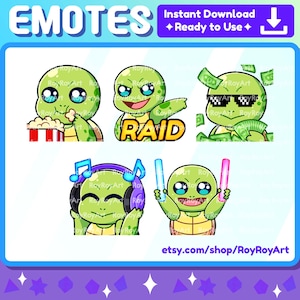 May include: Set of five animated turtle emotes for Twitch or Discord. The emotes feature a green turtle with different expressions and accessories, including popcorn, sunglasses, money, headphones, and glow sticks. The text "RAID" is featured in one of the emotes.