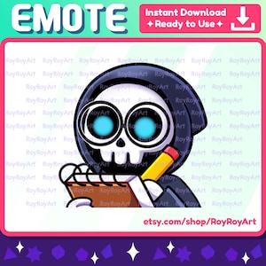 May include: A cartoon skull wearing a black hooded robe and glasses, holding a pencil and a notepad. The skull has blue eyes and a yellow pencil. The notepad has a spiral binding and is open to a blank page. The background is a light blue with a white pattern.