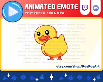 May include: Animated emote of a yellow rubber duck with a blue beak and eyes. The duck is waddling and has a happy expression. The emote is ready to download and use.
