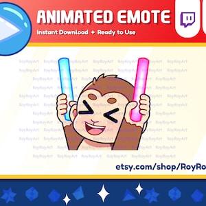 Może przedstawiać: Animowana emotka Twitch przedstawiająca brązową małpę trzymającą w każdej ręce świecący patyk w kolorze niebieskim i różowym. Małpa uśmiecha się i ma przebiegły wyraz twarzy. Emotka jest gotowa do użycia i można ją pobrać natychmiast.
