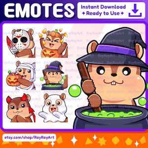 May include: A set of eight Halloween-themed emoticons featuring a cartoon squirrel in various costumes, including a pumpkin, a witch, a mummy, a ghost, a devil, and a hockey mask. The emoticons are perfect for adding a touch of fun to your online conversations.