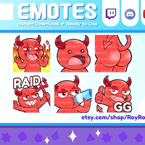 May include: Set of six red devil emoticons with different expressions and text. The emoticons include a devil with a tongue sticking out, a devil with a surprised expression, a devil with its back turned, a devil holding a trident with the word "RAID" above it, a devil holding a bottle, and a devil giving a thumbs up with the word "GG" below it.
