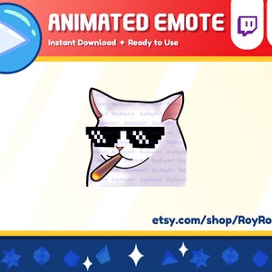 Puede incluir: Emoticono animado de un gato blanco con gafas de sol y fumando un cigarro. El gato tiene una expresión de suficiencia en su rostro. El emoticono está en un estilo de dibujos animados y es perfecto para usar en Twitch o Discord.
