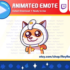 May include: Animated emote of a fox wearing a white chick costume with a yellow beak and a star on its chest. The emote has large eyes and a happy expression. The background is yellow with a blue border and stars.