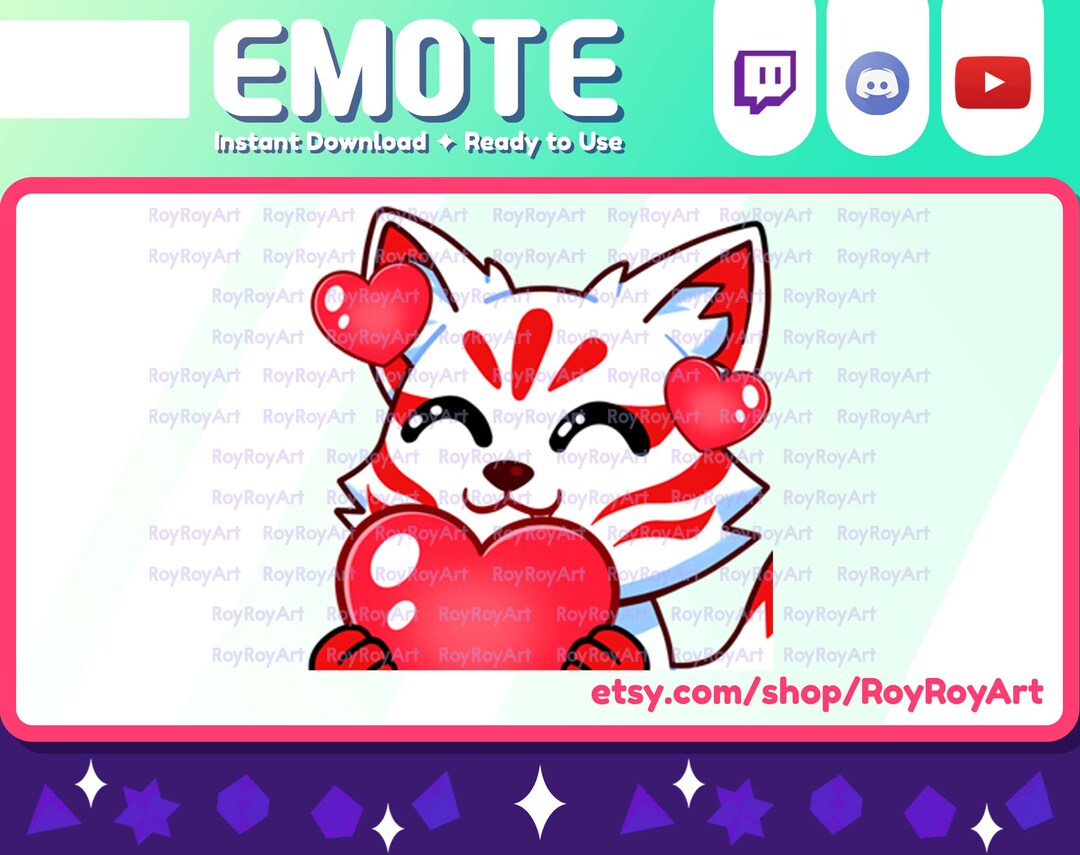 Twitch Emote Kitsune White Fox Love / Holding a Heart Sub Emoji Etsy