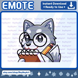 May include: A cartoon grey wolf wearing glasses and holding a pencil and a notebook. The wolf is looking at the notebook and has a happy expression. The text "EMOTE" is at the top of the image.