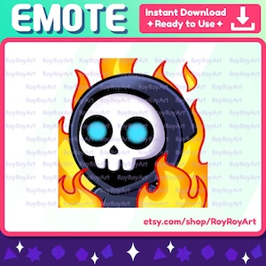 May include: A cartoon skull wearing a black hooded robe and surrounded by flames. The skull has blue eyes and a white face. The flames are yellow and orange.