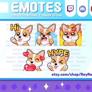 Twitch Emotes - Cute Corgi emotes pack 1 / Hi, Crying, Angry, Love, Hype / Sub Emoji