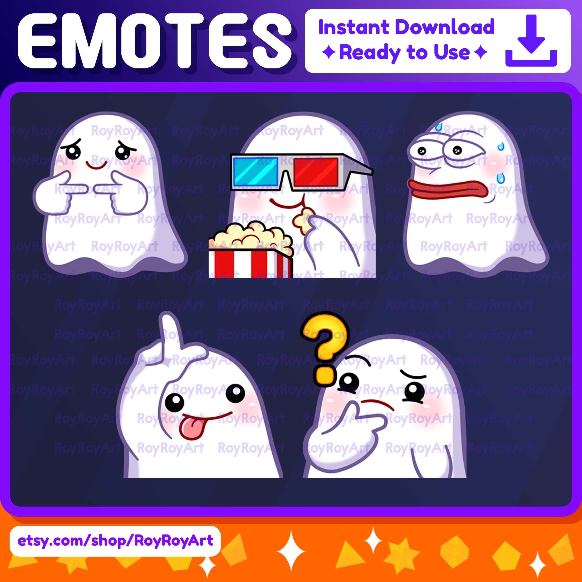 Twitch Emotes Halloween - Kawaii Ghost Emotes Pack 6 / Shy, Popcorn, monkaS, take the L loser, Confused / Sub Emoji Kick Discord