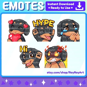 Twitch Emotes - Black Dog Dachshund Pack 1 / Love, Hype, Cry, Hi, Angry / Sub Emoji