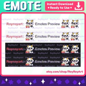 May include: A digital illustration of a goat wearing sunglasses and eating popcorn. The goat is repeated multiple times in a pattern. The text "Royroyart: Emotes Preview" is displayed above the goat.