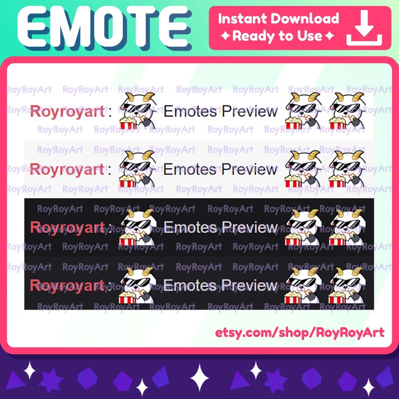 May include: A digital illustration of a goat wearing sunglasses and eating popcorn. The goat is repeated multiple times in a pattern. The text "Royroyart: Emotes Preview" is displayed above the goat.