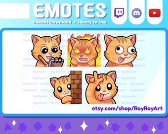 May include: Set of four animated cat emotes for Twitch, Discord, and YouTube. The emotes feature a cartoon cat with different expressions, including taking notes, being angry, surprised, and sticking out its tongue.