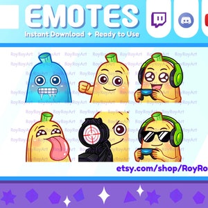 Twitch Emotes - Cute Banana Pack 12 / Freeze Ice Cold, Punch, Gaming, Licking, Sniper / Sub Emoji