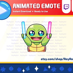 May include: Animated emote of a green turtle wearing a brown shell holding a blue and a pink light saber. The background is yellow with a white border and the text "Animated Emote" and "Instant Download Ready to Use" in black.