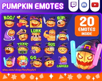 May include: A set of 20 Halloween pumpkin emotes featuring various expressions and themes, including "BOO!" "RIP" "LURK" "TOXIC" "SUS" "GG" and "CARRIED". The emotes are in a grid format with a purple background and a banner at the top that says "PUMPKIN EMOTES".
