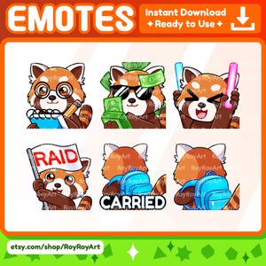 Twitch Emotes - Red Panda Emotes Pack 3 / Note, Money, Rave Lightsticks, Raid, Carried Carry / Sub Emoji