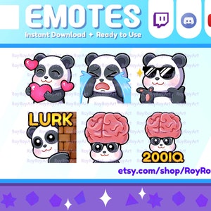 Twitch Emotes - Lindo Panda Pack 2 / Amor, Llanto, Fresco, Al acecho, Cerebro 200IQ / Sub Emoji