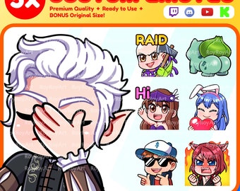 Pode incluir: Conjunto de cinco emotes personalizados do Twitch que apresentam vários personagens com diferentes expressões. Os emotes incluem um personagem com cabelo branco cobrindo o rosto, um personagem com um machado, um personagem com um coração, um personagem com óculos de sol e um personagem com cabelo vermelho e um fundo de fogo. Os emotes são projetados em um estilo de desenho animado e estão prontos para uso no Twitch.