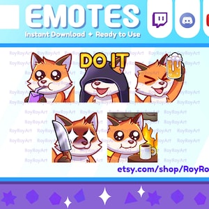Twitch Emotes - Cute Fox kitsune Pack 5 / sip, do it, beer, knife, fine / Sub Emoji