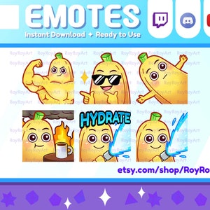 Twitch Emotes - Cute Banana Emotes Pack 7 / buff, cool, laying, fine, hydrate / Sub Emoji