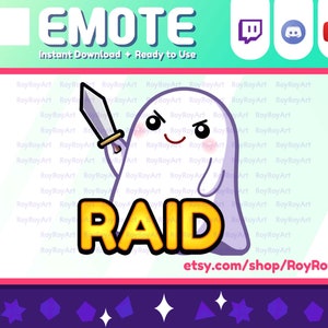 May include: A purple ghost holding a sword with a yellow "RAID" text overlay. The ghost has a mischievous expression with a red blush on its cheeks. The background is a pink and purple gradient with white stars.