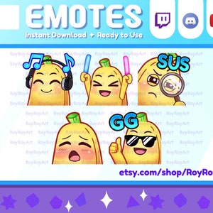 Twitch Emotes - Cute Banana Emotes Pack 6 / music jam, lightstick, sus, gasm, gg / Sub Emoji
