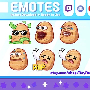 May include: Set of six potato-themed Twitch emotes. The emotes feature a potato with sunglasses and money, a potato with a surprised expression, a potato with a crying face, a potato with a sweating face, a potato with a ghost and the text "RIP", and a potato with a ghost and two crosses.