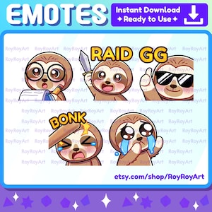Twitch Emotes - Cute Kawaii Sloth pack 2 / note, raid, GG, bonk, crying hug / Sub Emoji Kick Discord