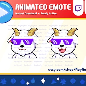 May include: Animated emote of a white goat wearing purple pixelated sunglasses. The goat has a happy expression and is looking directly at the viewer. The emote is ready to download and use.