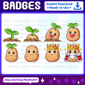 May include: A set of five cartoon potato badges in different stages of growth, from a sprout to a king. The badges are perfect for adding a fun touch to any project.