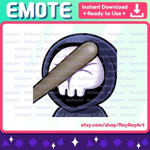 May include: A black and white skull wearing a black hooded cloak and holding a brown baseball bat over its eye. The skull is a digital illustration.